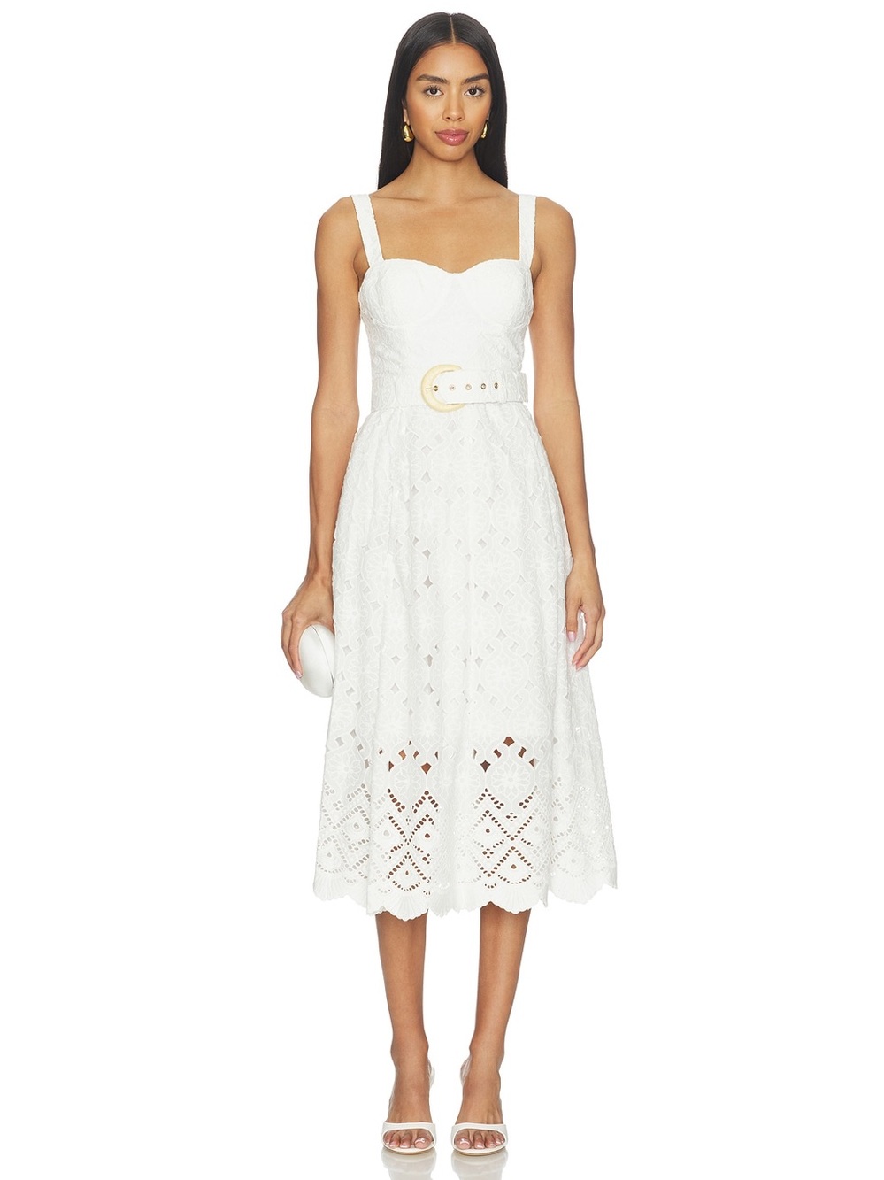 NEW Cara Cara Calypso Bustier Midi Dress Trellis Eyelet White Lace | US 2 UK 6